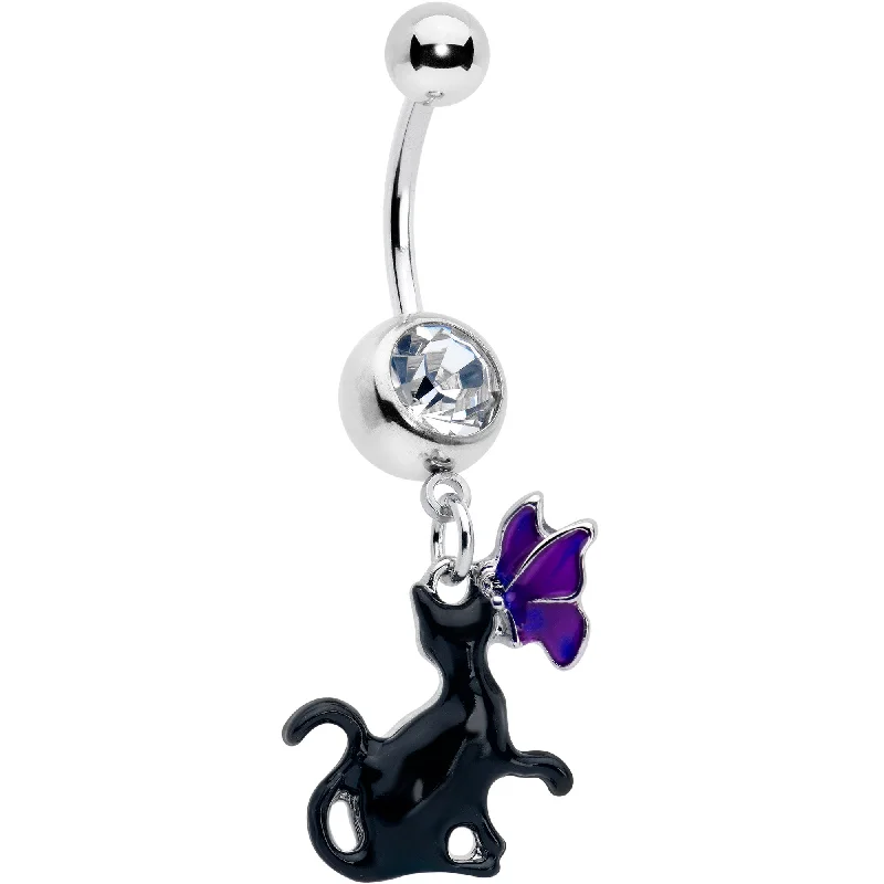 Customizable Belly Rings with Personal Touch -Clear Gem Butterfly Purple Black Cat Dangle Belly Ring Customizable Belly Rings with Personal Touch -Clear Gem Butterfly Purple Black Cat Dangle Belly Ring