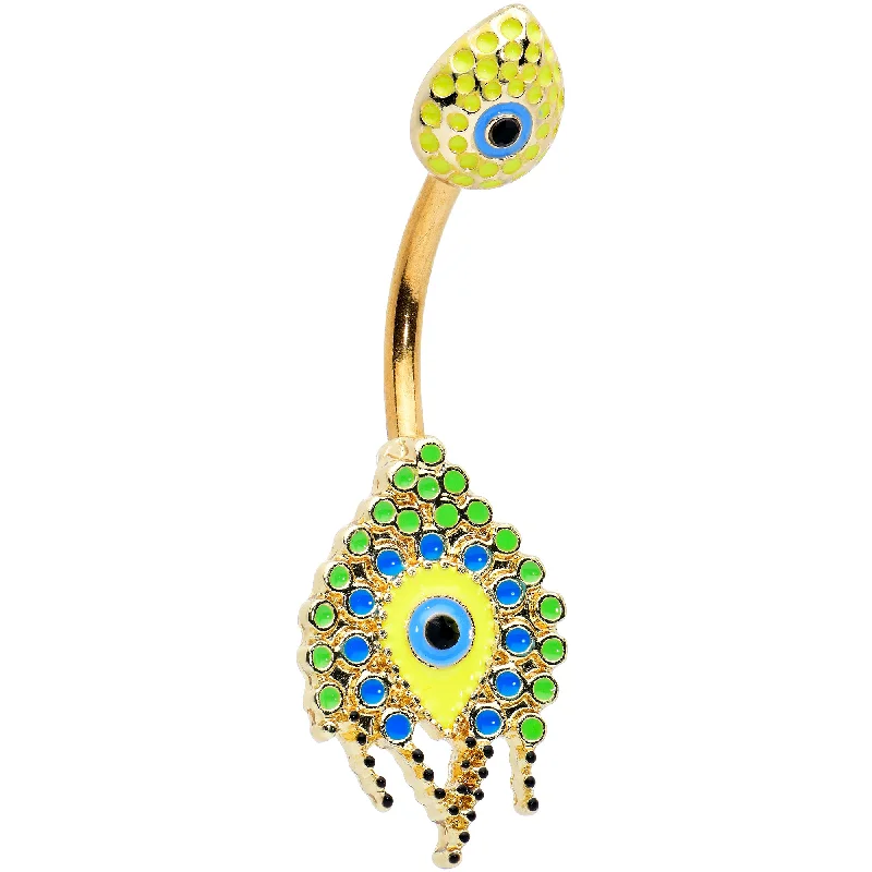 Simple Belly Rings for a Clean Look -Gold Tone Bold Peacock Feather Double Mount Belly Ring Simple Belly Rings for a Clean Look -Gold Tone Bold Peacock Feather Double Mount Belly Ring