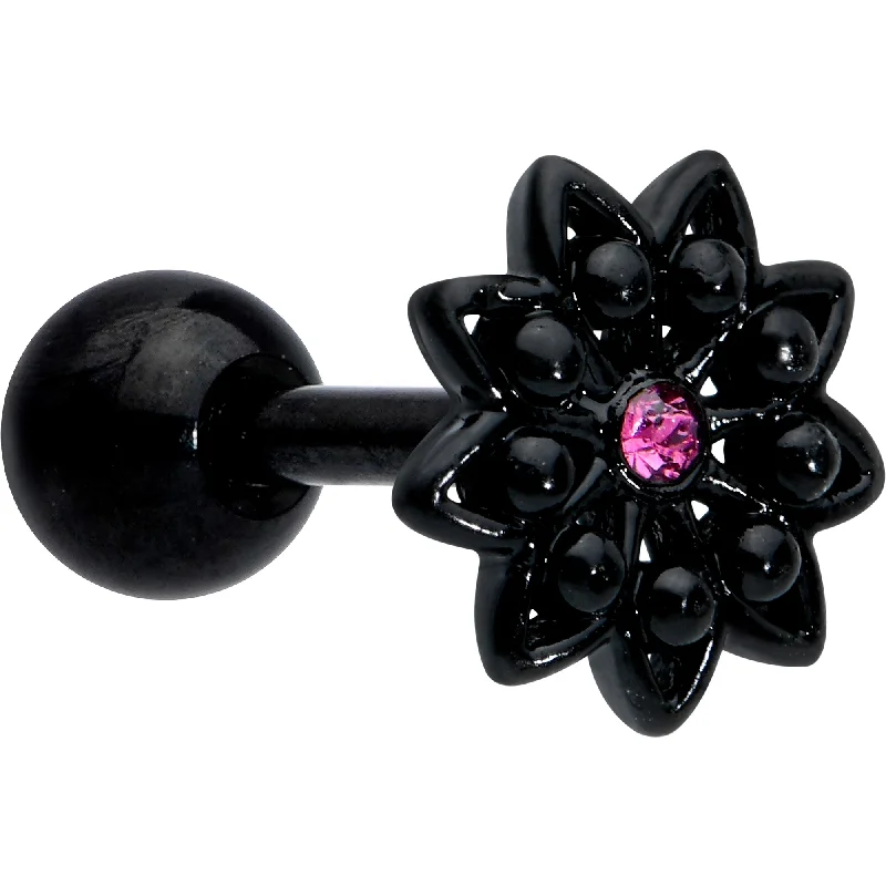 Women's Earrings – Elegant Designs for Every Personality--16 Gauge 1/4 Pink Gem Black Midnight Flower Cartilage Tragus Earring Women's Earrings – Elegant Designs for Every Personality--16 Gauge 1/4 Pink Gem Black Midnight Flower Cartilage Tragus Earring