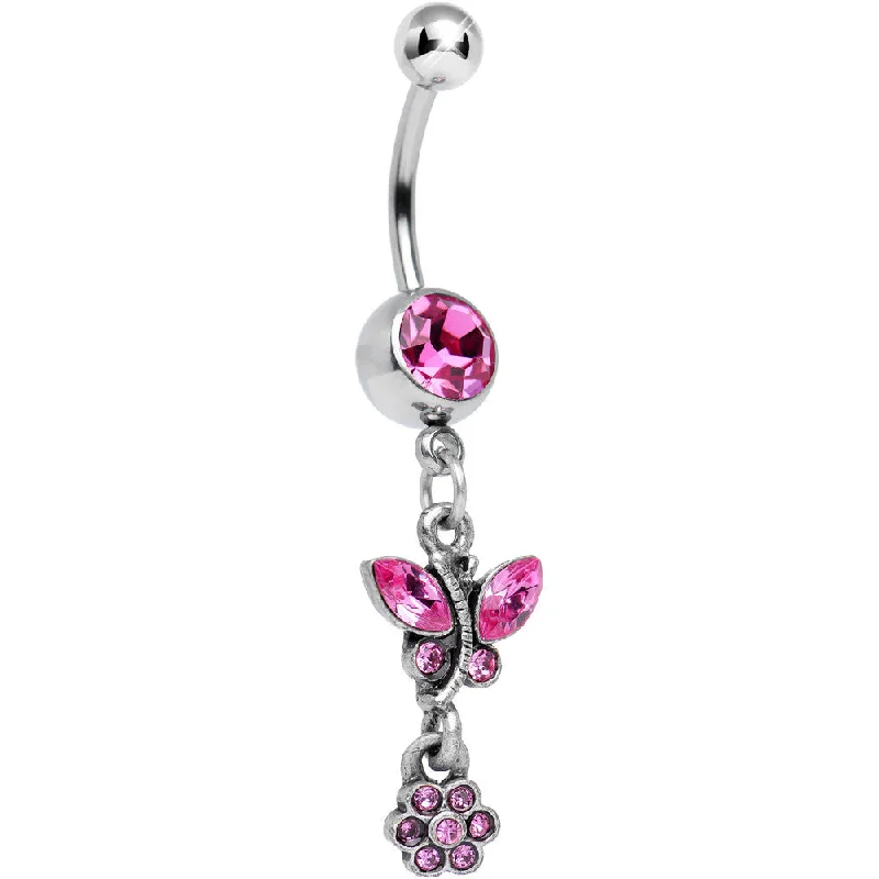 Trendy Belly Rings with Colorful Accents -Antique Silver Floral Ivy Pink Gem Dangle Belly Ring Trendy Belly Rings with Colorful Accents -Antique Silver Floral Ivy Pink Gem Dangle Belly Ring