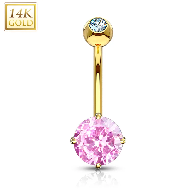 Trendy Belly Rings with Unique Features -14kt Solid Yellow Gold 4-Prong Set Pink 6mm CZ Belly Ring Trendy Belly Rings with Unique Features -14kt Solid Yellow Gold 4-Prong Set Pink 6mm CZ Belly Ring
