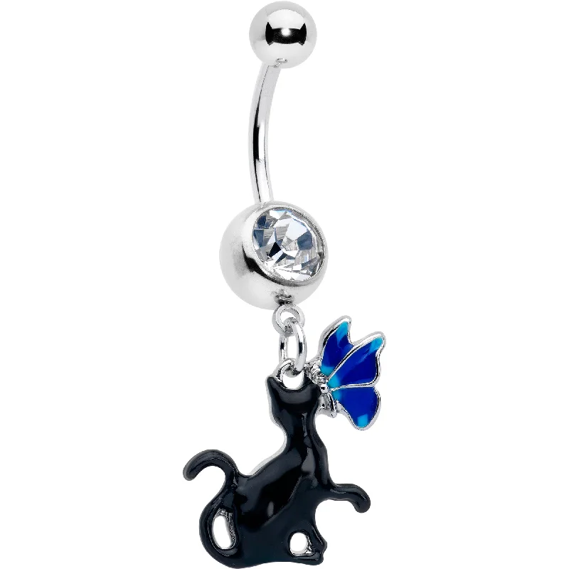 Belly Rings for Special Events -Clear Gem Butterfly Blue Black Cat Dangle Belly Ring Belly Rings for Special Events -Clear Gem Butterfly Blue Black Cat Dangle Belly Ring