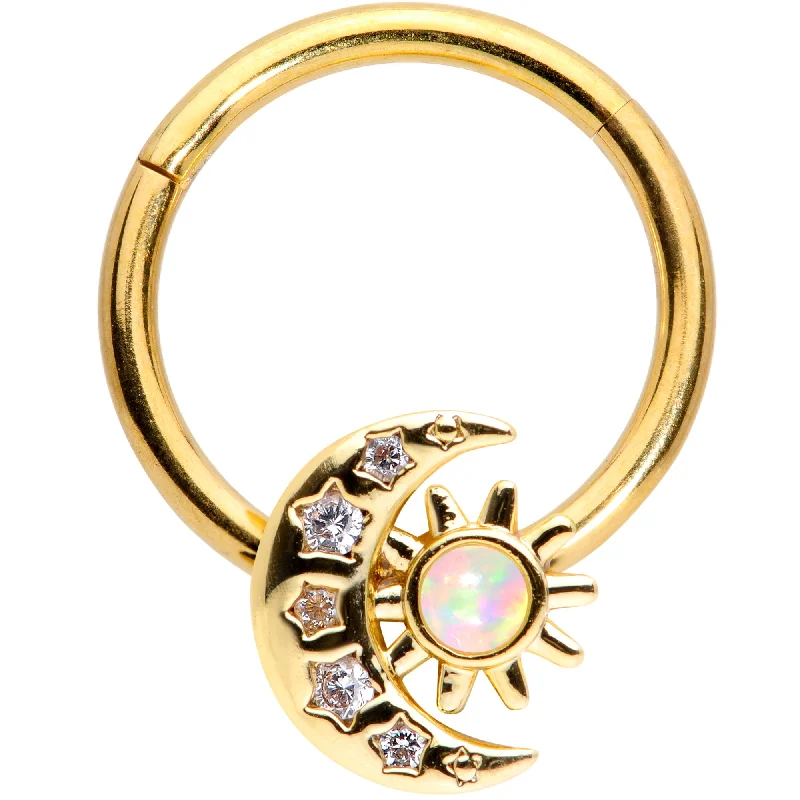 Comfortable Silver Nose Rings -16 Gauge 3/8 White Synthetic Opal Gold Tone Moon Hinged Segment Ring Comfortable Silver Nose Rings -16 Gauge 3/8 White Synthetic Opal Gold Tone Moon Hinged Segment Ring