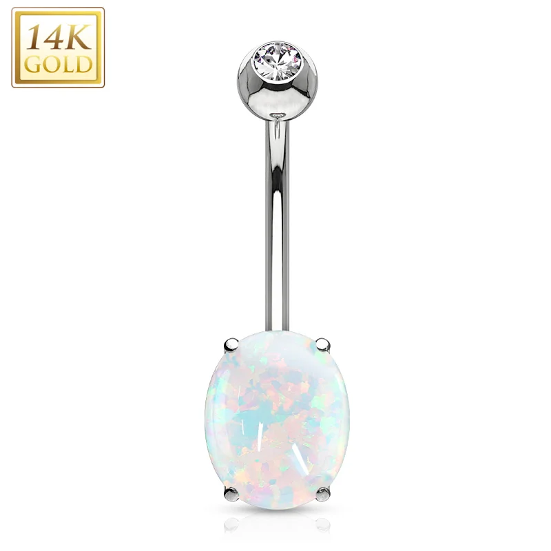 Trendy Belly Rings with Glittering Stones -14kt Solid White Gold 8mm Oval Synthetic Opal Belly Ring Trendy Belly Rings with Glittering Stones -14kt Solid White Gold 8mm Oval Synthetic Opal Belly Ring