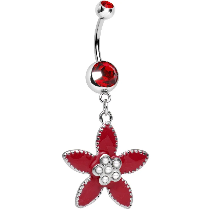 Trendy Belly Rings for Fashion Enthusiasts -Red CZ Pearly Center Velvet Leaf Flower Dangle Belly Ring Trendy Belly Rings for Fashion Enthusiasts -Red CZ Pearly Center Velvet Leaf Flower Dangle Belly Ring