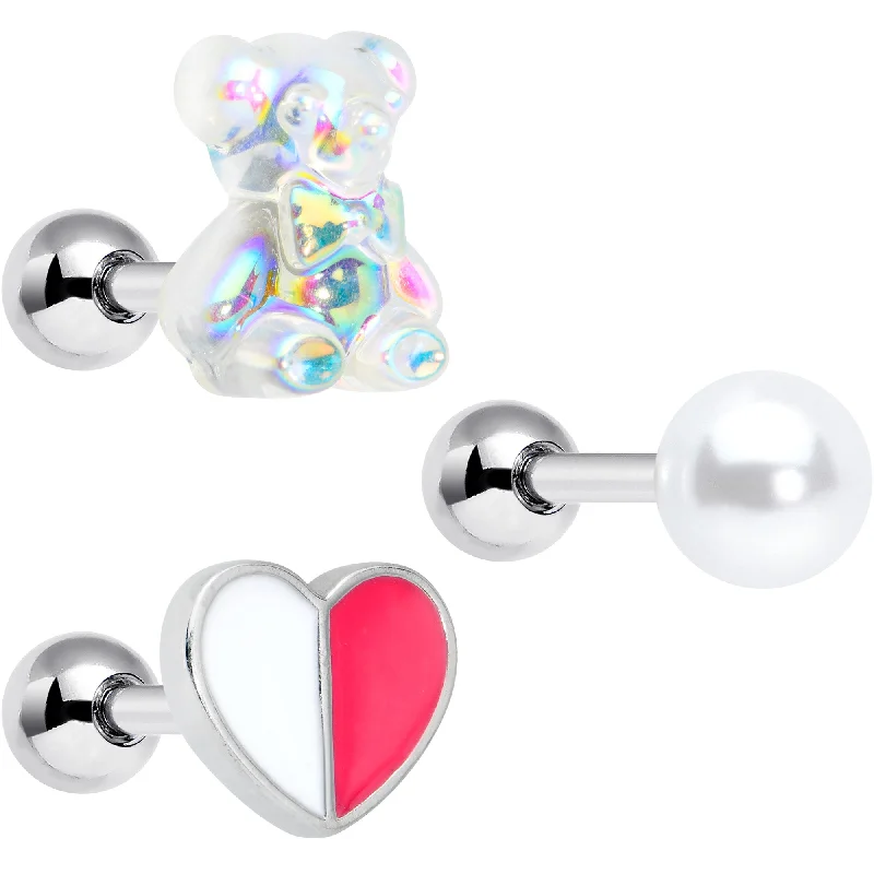Women's Earrings – Elegant Designs for Every Personality--16 Gauge 1/4 Bear Pearlescent Striped Heart Cartilage Tragus Set of 3 Women's Earrings – Elegant Designs for Every Personality--16 Gauge 1/4 Bear Pearlescent Striped Heart Cartilage Tragus Set of 3