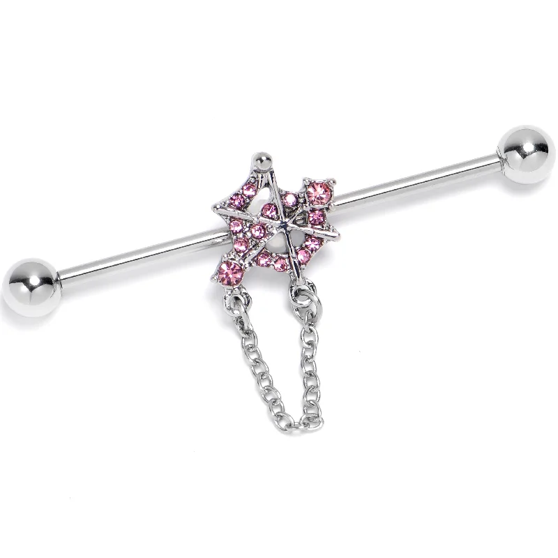 Women's Earrings – Elegant Designs for Every Personality--14 Gauge Pink Gem Spiderweb Chain Dangle Industrial Barbell 38mm