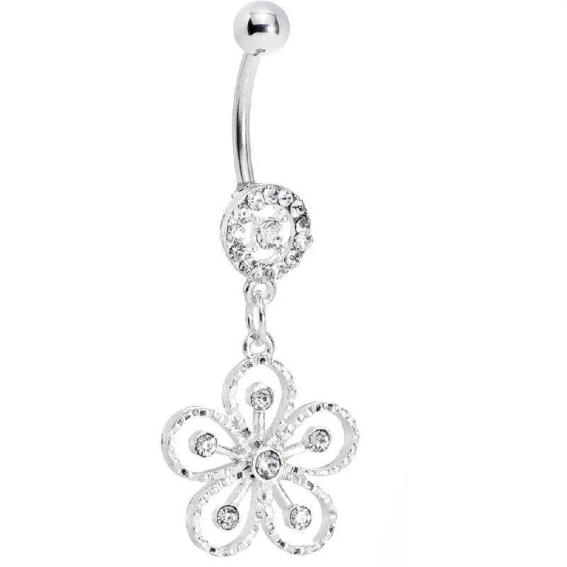 Designer Belly Rings for Unique Style -Clear Gem Exotic Azalea Flower Belly Ring