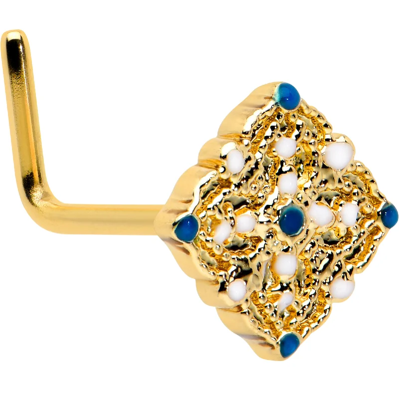 Nose Rings with Simple Stones -20 Gauge 1/4 Gold Tone Lacy Rhombus L Shape Nose Ring Nose Rings with Simple Stones -20 Gauge 1/4 Gold Tone Lacy Rhombus L Shape Nose Ring