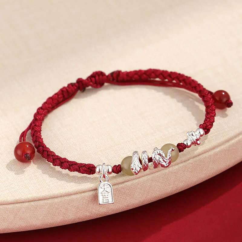Men's Bracelets with Charm Pendants-Buddha Stones Hetian Jade Year of the Snake String Protection Braided Bracelet