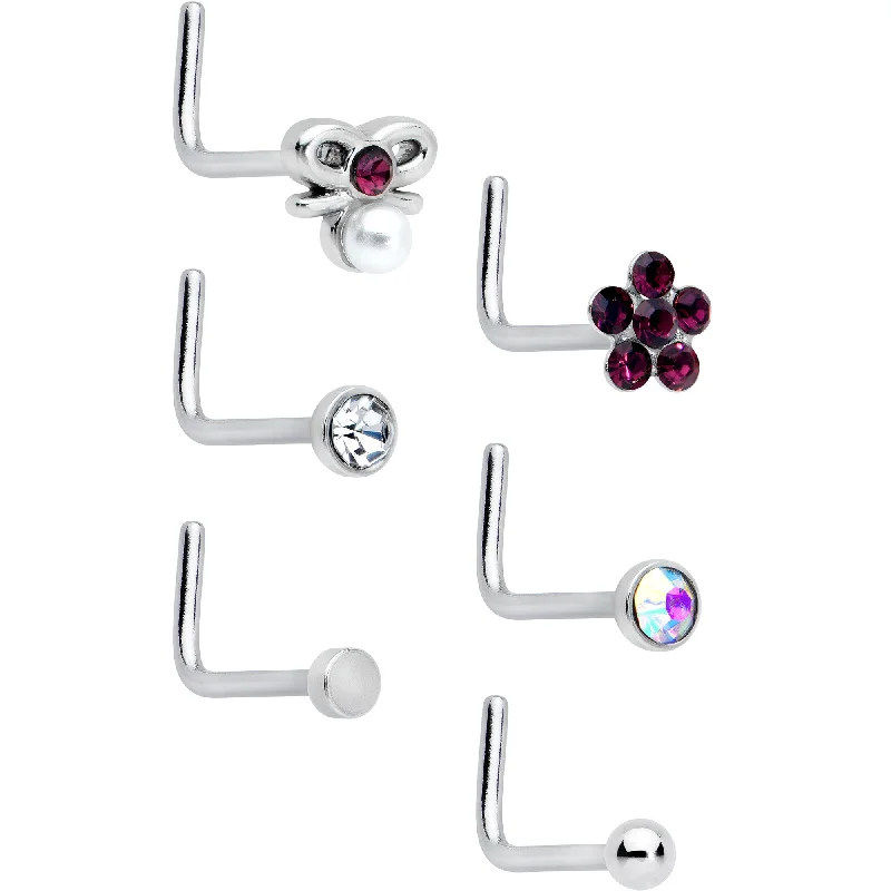 Nose Rings for Detailed Designs -20 Gauge 1/4 Aurora Purple CZ Gem Flower Bow L Shape Nose Ring Set of 6 Nose Rings for Detailed Designs -20 Gauge 1/4 Aurora Purple CZ Gem Flower Bow L Shape Nose Ring Set of 6