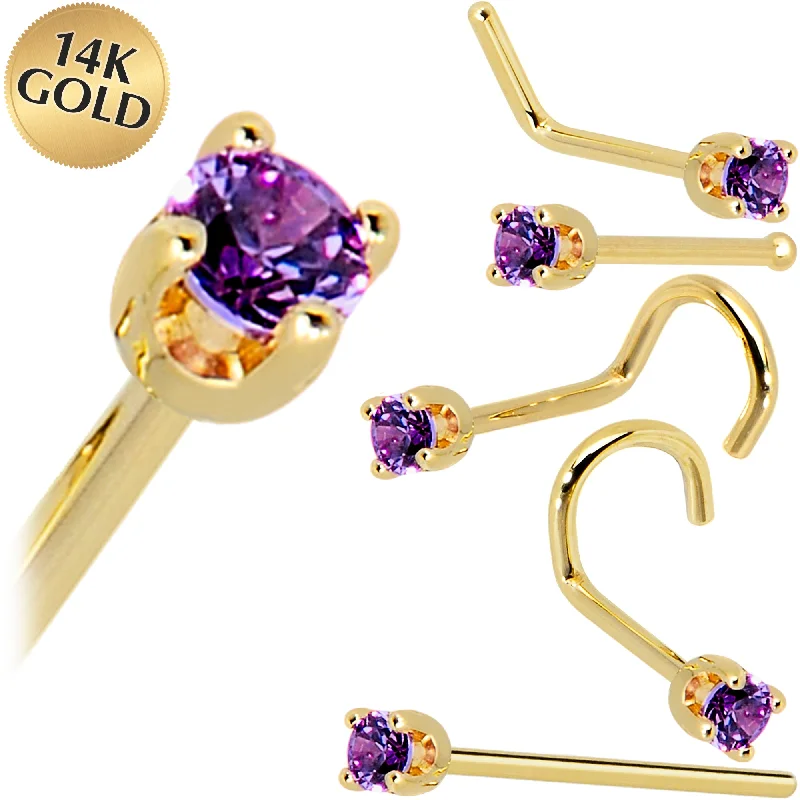 Trendy and Comfortable Nose Rings -Solid 14KT Yellow Gold 2mm Amethyst Cubic Zirconia Nose Ring Trendy and Comfortable Nose Rings -Solid 14KT Yellow Gold 2mm Amethyst Cubic Zirconia Nose Ring