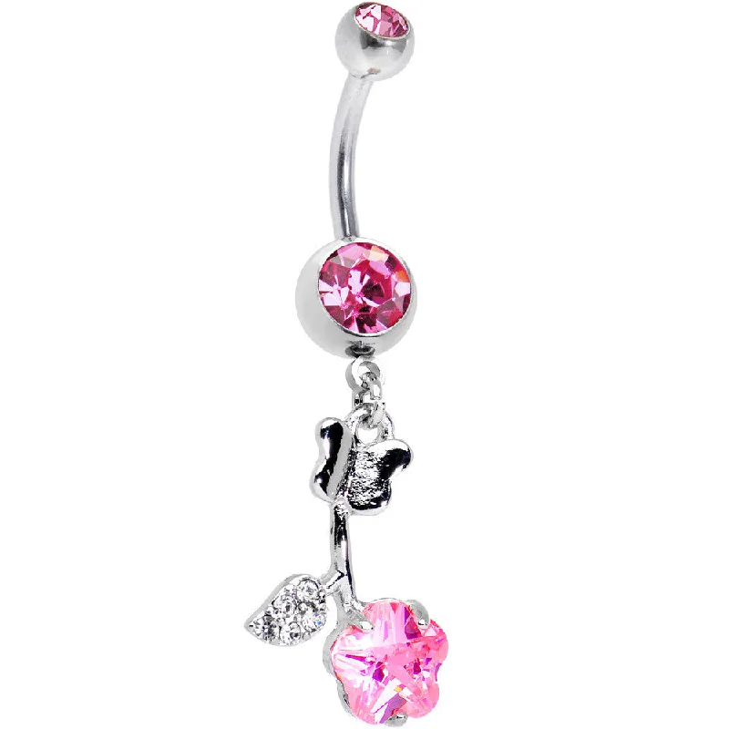 Unique Belly Rings for Creative Fashion -Clear and Pink Gem Delicate Rose Flower Dangle Belly Ring Unique Belly Rings for Creative Fashion -Clear and Pink Gem Delicate Rose Flower Dangle Belly Ring