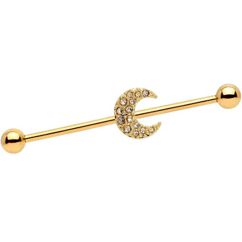 Women's Earrings – Elegant Designs for Every Personality--14 Gauge Clear Gem Gold Tone Crescent Moon Industrial Barbell 38mm