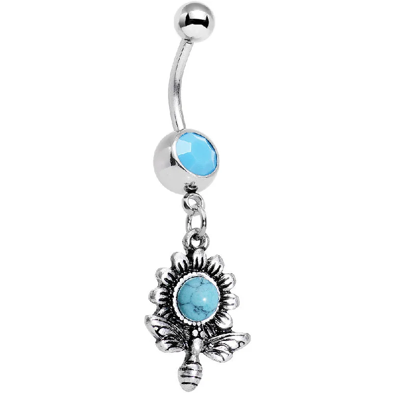 Unique Belly Rings with Creative Designs -Faux Turquoise Buzzing Bee Favorite Flower Dangle Belly Ring Unique Belly Rings with Creative Designs -Faux Turquoise Buzzing Bee Favorite Flower Dangle Belly Ring