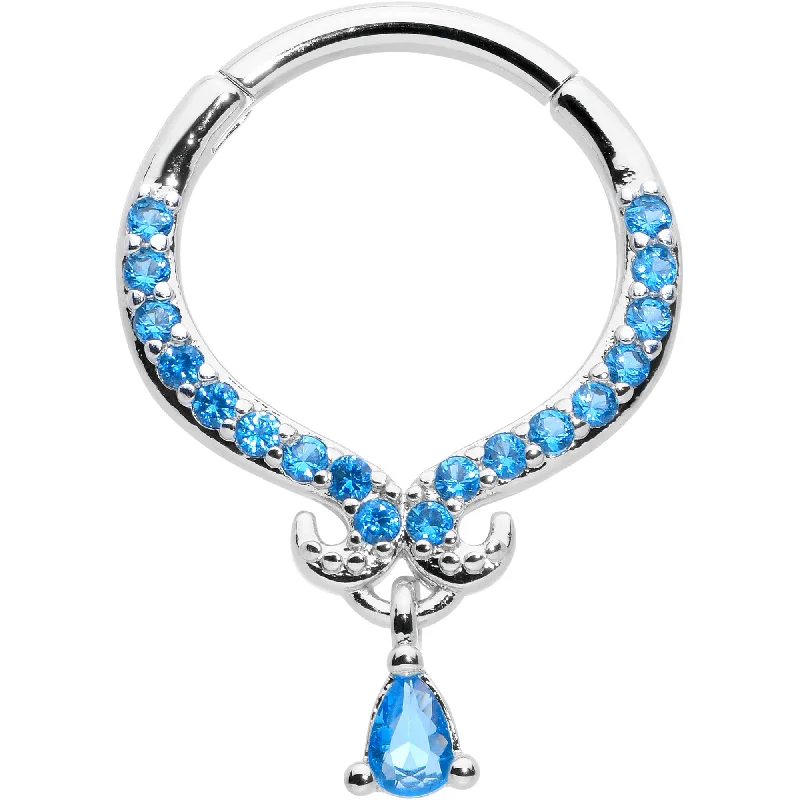 Chic Nose Rings for Fashionistas -16 Gauge 3/8 Blue CZ Gem Elegant Curves Dangle Hinged Segment Ring Chic Nose Rings for Fashionistas -16 Gauge 3/8 Blue CZ Gem Elegant Curves Dangle Hinged Segment Ring