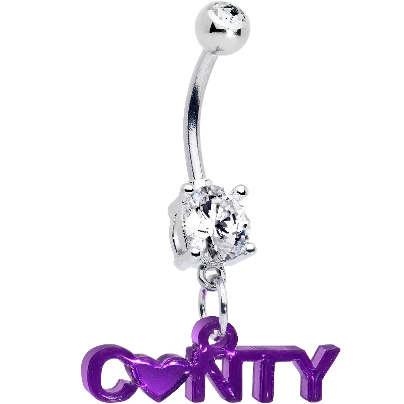 Designer Belly Rings with Unique Details -Double Gem Mirror Purple Cunty Heart Dangle Belly Ring Designer Belly Rings with Unique Details -Double Gem Mirror Purple Cunty Heart Dangle Belly Ring