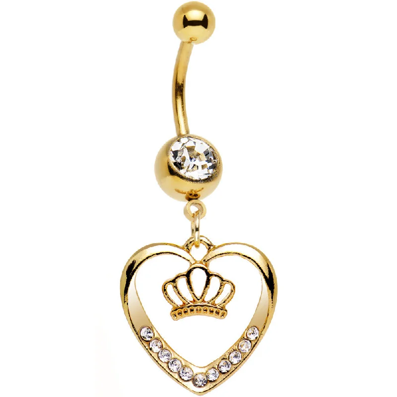 Comfortable Belly Rings with Adjustable Fit -Clear Gem Gold Anodized Claddagh Heart and Crown Dangle Belly Ring Comfortable Belly Rings with Adjustable Fit -Clear Gem Gold Anodized Claddagh Heart and Crown Dangle Belly Ring