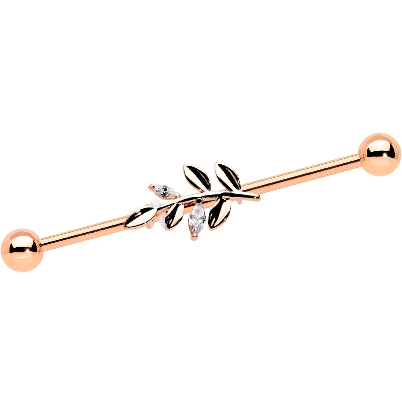 Women's Earrings – Elegant Designs for Every Personality--14 Gauge Clear CZ Gem Rose Gold Hue Simple Leaf Industrial Barbell 38mm Women's Earrings – Elegant Designs for Every Personality--14 Gauge Clear CZ Gem Rose Gold Hue Simple Leaf Industrial Barbell 38mm