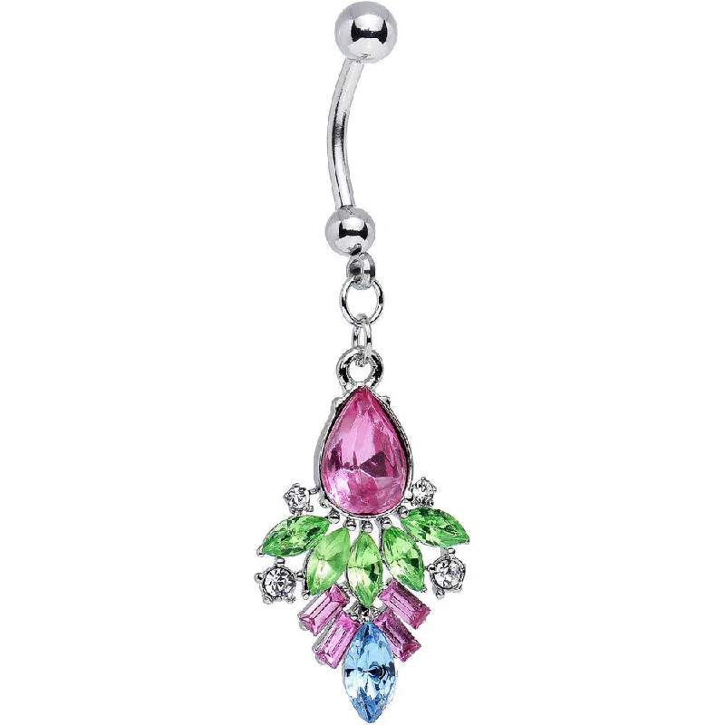 Comfortable Belly Rings with Simple Design -Green and Pink Gem Art Deco Inspired Dangle Belly Ring