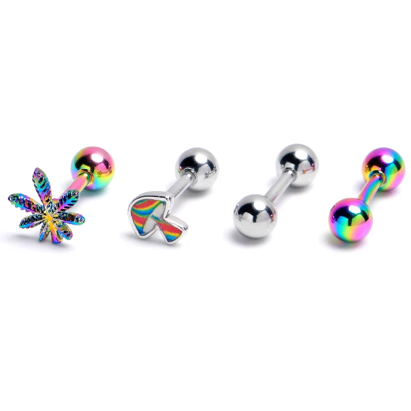 Women's Earrings – Elegant Designs for Every Personality--16 Gauge 1/4 Rainbow Pot Leaf Mushroom Cartilage Earring Curation Set of 4