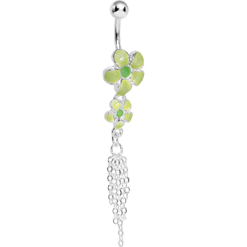 Belly Rings for Bold Looks -Silver Chains and Double Green Flower Dangle Belly Ring