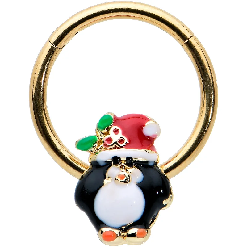 Elegant Nose Rings with Beautiful Designs -16 Gauge 3/8 Gold Tone Holly Hat Penguin Holiday Hinged Segment Ring Elegant Nose Rings with Beautiful Designs -16 Gauge 3/8 Gold Tone Holly Hat Penguin Holiday Hinged Segment Ring