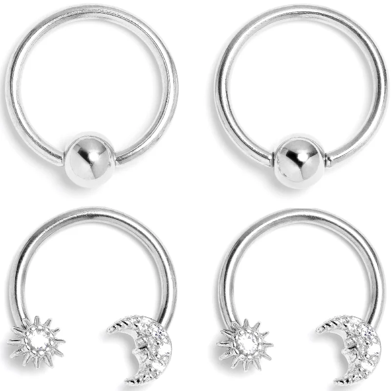 Trendy Lip Rings for Fashion-Forward Women16 Gauge 3/8 Clear Gem Moon Sun BCR Captive Ring Horseshoe Set of 4