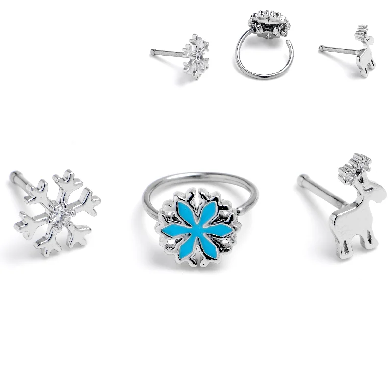 Nose Rings with Red Stones -20 Gauge 1/4 Clear Gem Holiday Snowflakes Blue Nose Bone Hoop Set of 3 Nose Rings with Red Stones -20 Gauge 1/4 Clear Gem Holiday Snowflakes Blue Nose Bone Hoop Set of 3