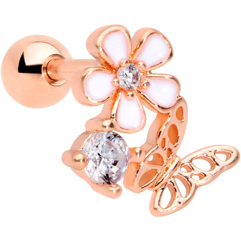 Women's Earrings – Elegant Designs for Every Personality--16 Gauge 1/4 Clear CZ Gem Rosy Hue Butterfly Flower Tragus Earring