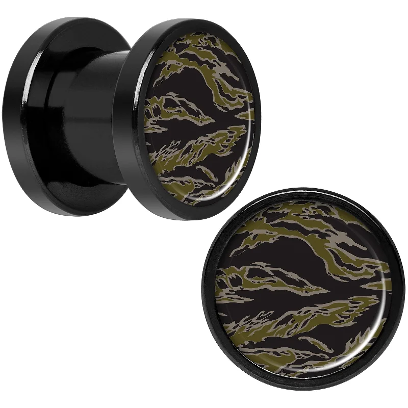 Women's Earrings – Elegant Designs for Every Personality--Tiger Camo Print Black Anodized Screw Fit Plug Set 0 Gauge Women's Earrings – Elegant Designs for Every Personality--Tiger Camo Print Black Anodized Screw Fit Plug Set 0 Gauge