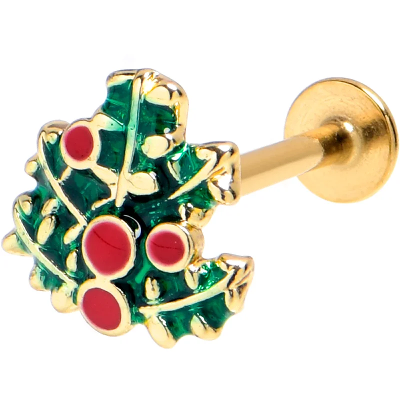 Timeless Lip Rings with Subtle Glam16 Gauge 5/16 Gold Tone Festive Holly Sprig Labret Monroe Tragus