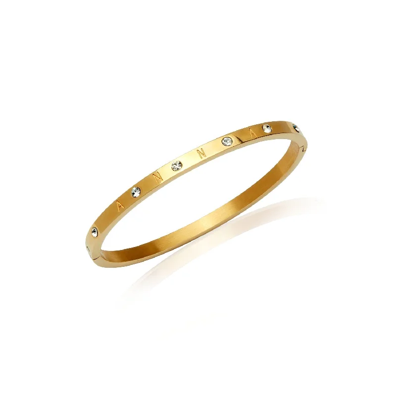 Women's Silver Bangle Bracelets-Custom Crystal Name Bangle (Gold)