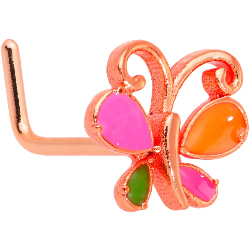 Nose Rings for Sophisticated Style -20 Gauge 1/4 Pink Orange Rose Gold Tone Butterfly L Shaped Nose Ring Nose Rings for Sophisticated Style -20 Gauge 1/4 Pink Orange Rose Gold Tone Butterfly L Shaped Nose Ring