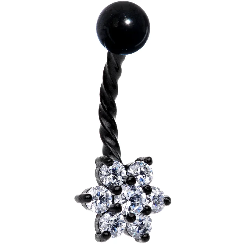 Simple Belly Rings with Elegant Accents -Clear CZ Gem Black IP Flower Seriously Twisted Belly Ring Simple Belly Rings with Elegant Accents -Clear CZ Gem Black IP Flower Seriously Twisted Belly Ring