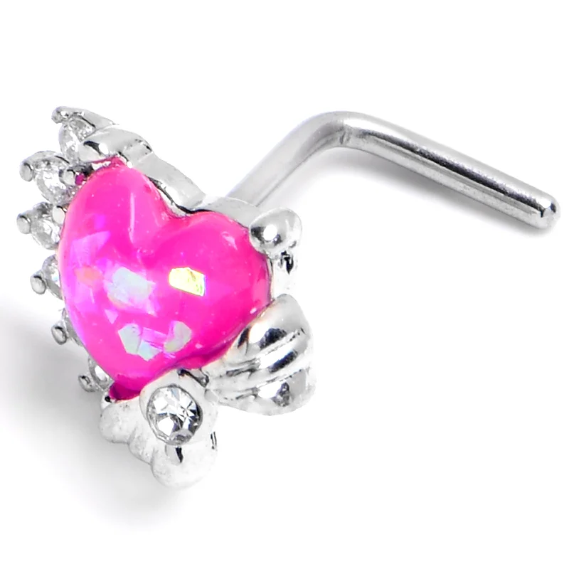 14k Gold Nose Rings -20 Gauge 7mm Pink Faux Opal Sunny Heart L Shape Nose Ring