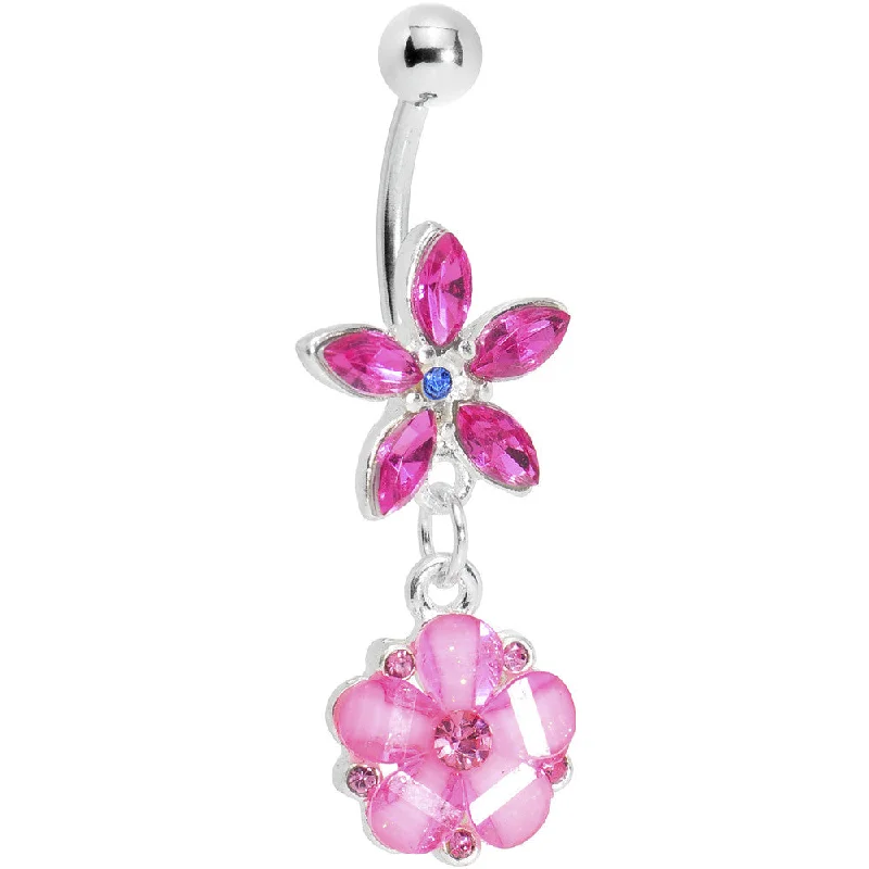 Designer Belly Rings with Sleek Finish -Pink Gem Flower Garden Blooming Belly Ring