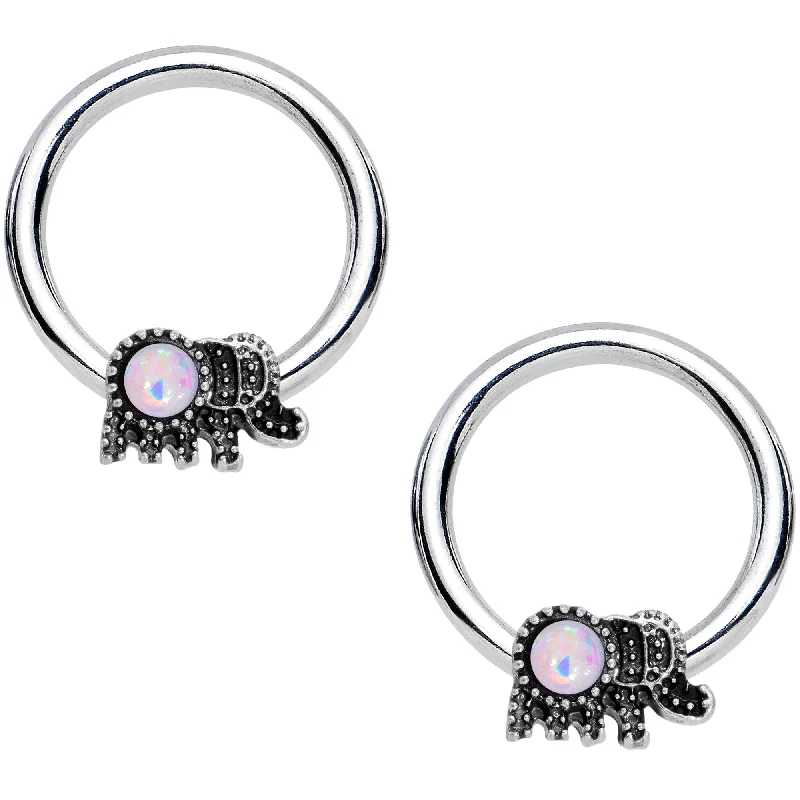 Gold Lip Rings for Chic Style14 Gauge 1/2 White Faux Opal Elephant BCR Captive Nipple Ring Set