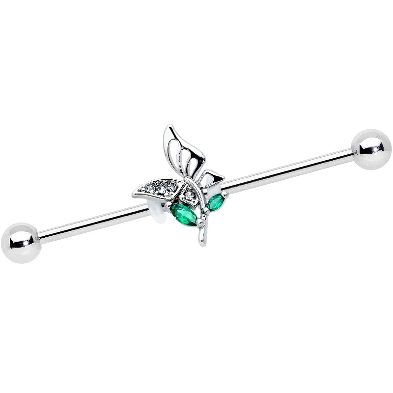 Women's Earrings – Elegant Designs for Every Personality--14 Gauge Clear Green Gem Floral Butterfly Industrial Barbell 38mm