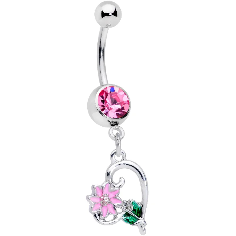 Trendy Belly Rings for Fashion Enthusiasts -Pink Gem Sweet Flower Heart Dangle Belly Ring Trendy Belly Rings for Fashion Enthusiasts -Pink Gem Sweet Flower Heart Dangle Belly Ring
