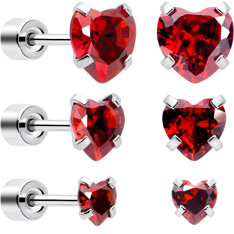 Women's Earrings – Elegant Designs for Every Personality--Red Heart CZ Flat Back Stud Earrings - 3 Pairs Women's Earrings – Elegant Designs for Every Personality--Red Heart CZ Flat Back Stud Earrings - 3 Pairs