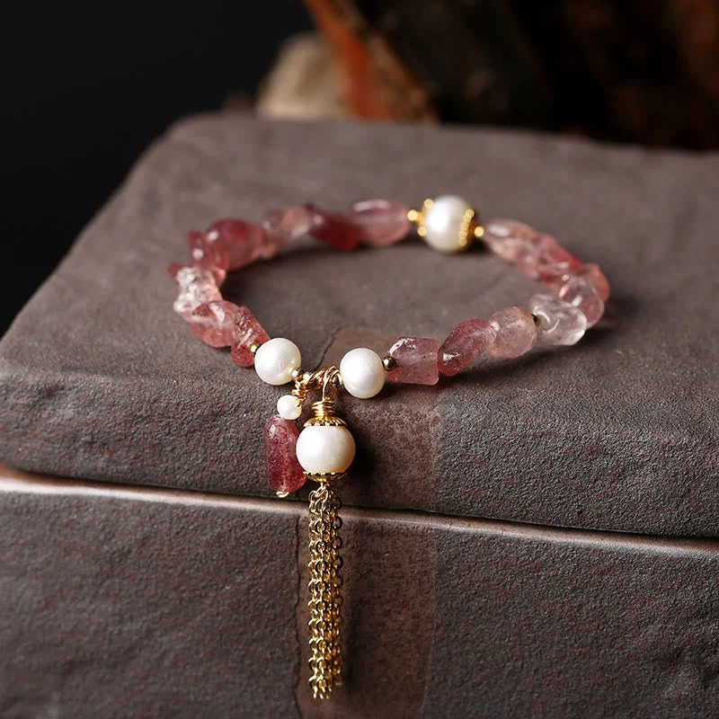 Modern Bangles for Women-Buddha Stones Natural Strawberry Quartz Pearl 14k Gold Plated Love Healing Bracelet Modern Bangles for Women-Buddha Stones Natural Strawberry Quartz Pearl 14k Gold Plated Love Healing Bracelet