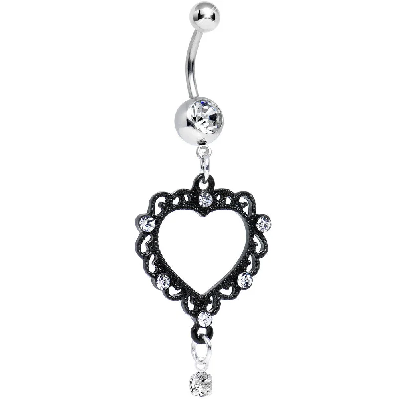 Custom Belly Rings with Personalized Features -Clear Gem Dark Lace Trimmed Vintage Heart Dangle Belly Ring Custom Belly Rings with Personalized Features -Clear Gem Dark Lace Trimmed Vintage Heart Dangle Belly Ring