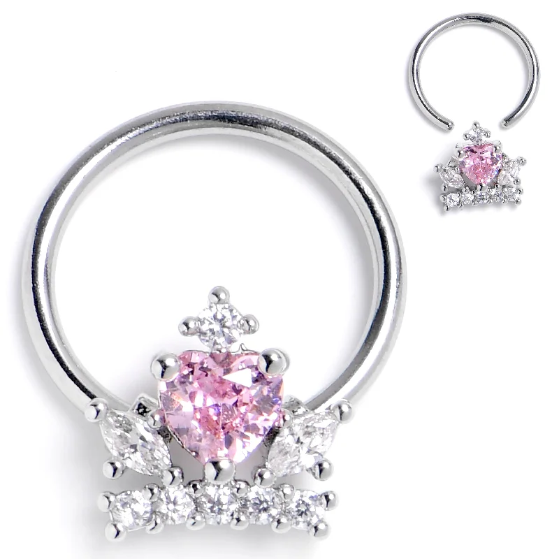 Women's Earrings – Elegant Designs for Every Personality--16 Gauge 3/8 Clear Pink Gem Crown Heart BCR Captive Ring Women's Earrings – Elegant Designs for Every Personality--16 Gauge 3/8 Clear Pink Gem Crown Heart BCR Captive Ring