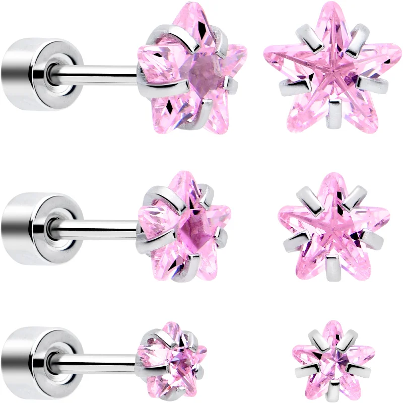Women's Earrings – Elegant Designs for Every Personality--Pink Star CZ Flat Back Stud Earrings - 3 Pairs
