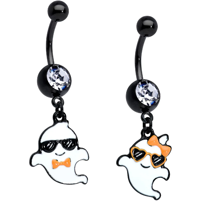 Stylish Belly Rings for Bold Fashion Choices -Clear Gem Black Date Night Ghosts Halloween Dangle Belly Ring Set of 2 Stylish Belly Rings for Bold Fashion Choices -Clear Gem Black Date Night Ghosts Halloween Dangle Belly Ring Set of 2