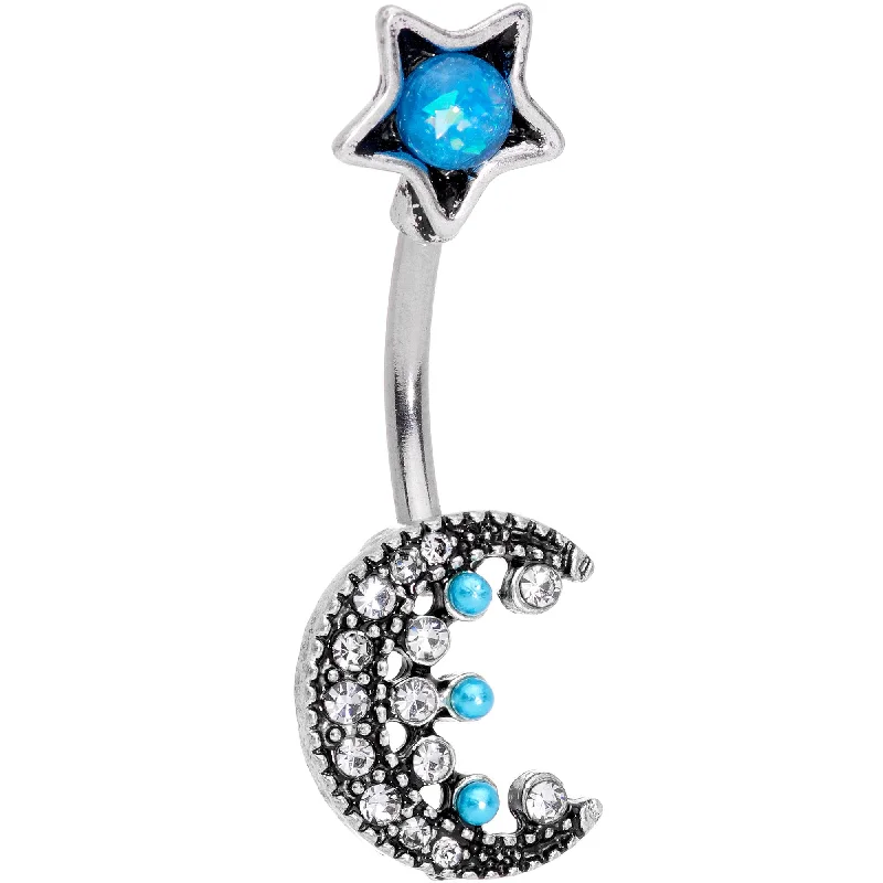 Designer Belly Rings for Exclusive Fashion -Aqua Faux Opal Orb Crescent Moon Reversible Belly Ring Designer Belly Rings for Exclusive Fashion -Aqua Faux Opal Orb Crescent Moon Reversible Belly Ring