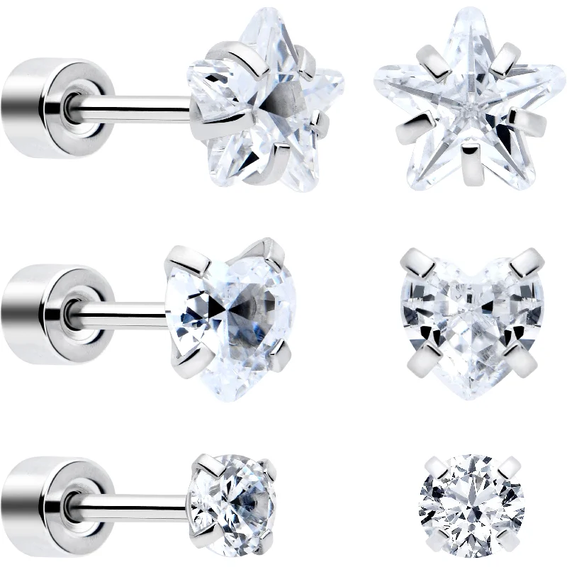 Women's Earrings – Elegant Designs for Every Personality--Clear Simplistic Heart Star CZ Flat Back Stud Earrings - 3 Pairs