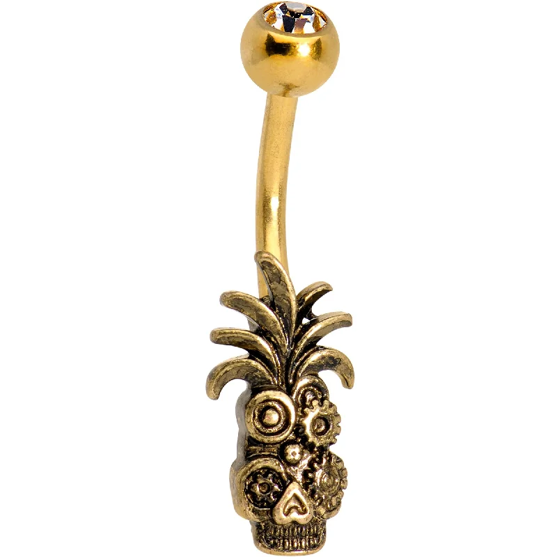 Comfortable Belly Rings with Creative Design -Clear Gem Gold PVD Steampunk Tiki Skull Headdress Belly Ring Comfortable Belly Rings with Creative Design -Clear Gem Gold PVD Steampunk Tiki Skull Headdress Belly Ring