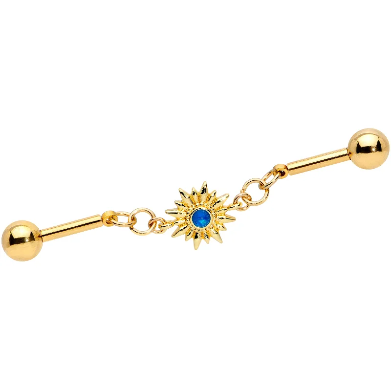 Women's Earrings – Elegant Designs for Every Personality--14 Gauge Blue Faux Druzy Gold Tone Sun Chain Industrial Barbell 38mm